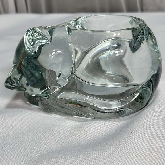 Vintage Clear Glass Sleeping Kitty Cat Votive Tea Light Candle Holder - Picture 1 of 7
